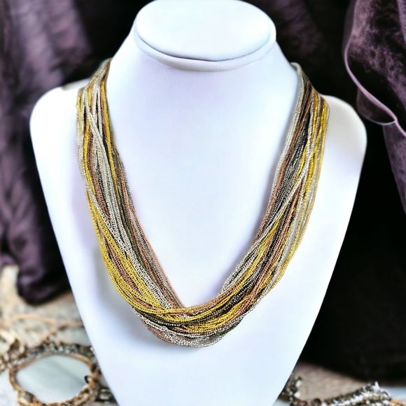 Statement Necklace Draping Multi Chain Chic Gold Silver Olive Copper Mixed Metal - Picture 8 of 8